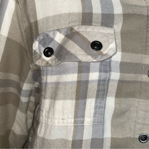 Prana khaki/blue plaid pattern button snap flannel - Picture 2 of 6